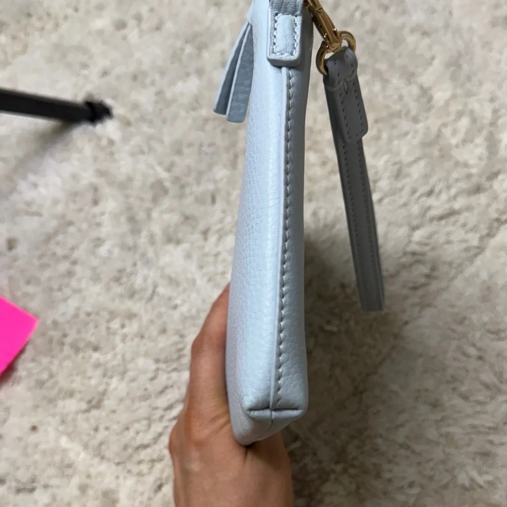 Tory Burch Sky Blue Britten Large Zip Pouch Wristlet with Gold Logo